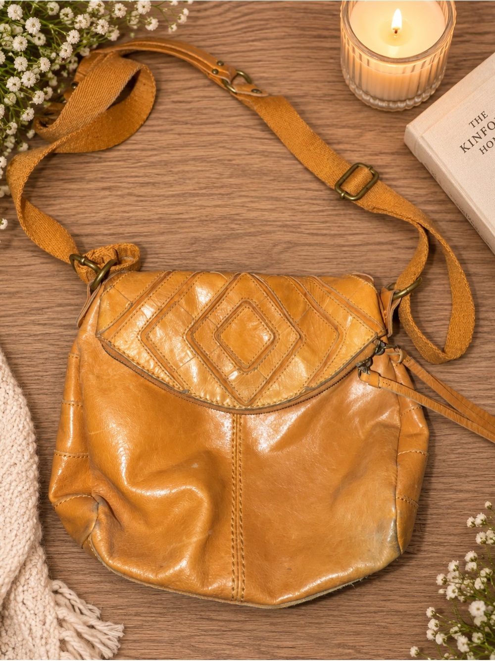 The Sak Mustard Yellow Leather Crossbody Bag Boho Tassel
